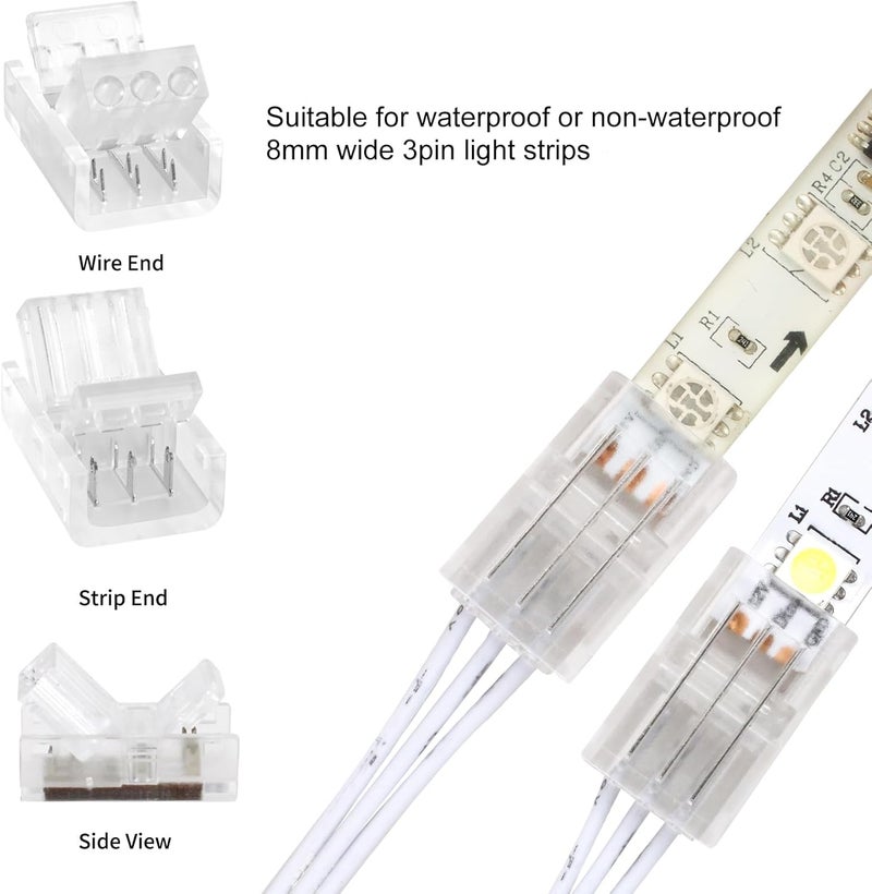 RGBZONE 3 Pin 8mm LED Connector Kit with 10pcs LED Connectors and 32.8ft 3 Pin Extension Wire for 8mm IP20 IP65 SMD 5050 Dream Color LED Strip Lights WS2811 WS2812B - Image 3